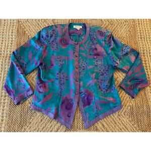80's Vintage NORA NOH cropped silk Blazer floral abstract Size 16